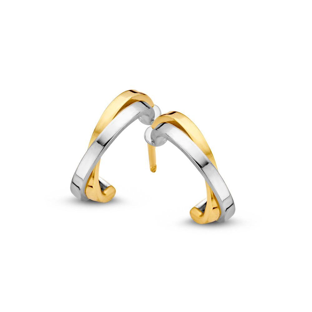 Boucles d'oreilles bicolores en or jaune et blanc, de 10 mm, avec un design élégant.