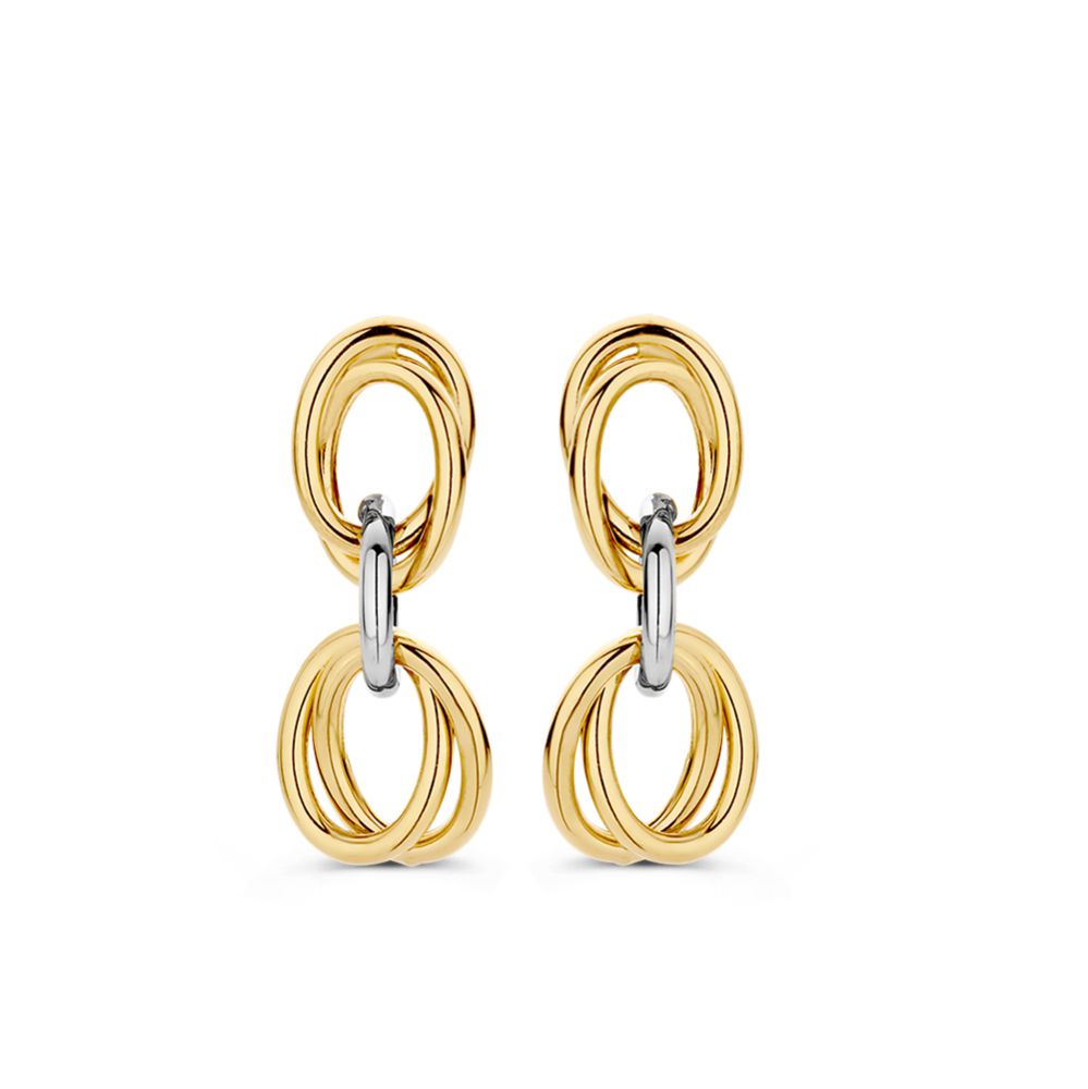 Boucles d'oreilles bicolores en or avec des maillons suspendus.