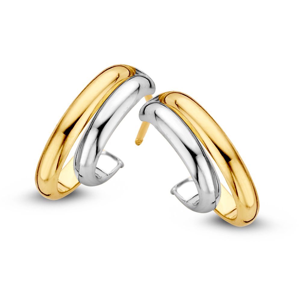 Boucles d'oreilles bicolores en or 14 carats, avec une finition brillante en jaune et blanc.