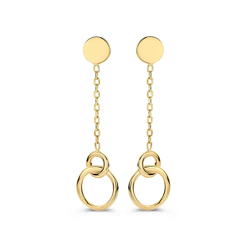Boucles d'oreilles en or jaune avec éléments pendants en or, finition brillante et design moderne.