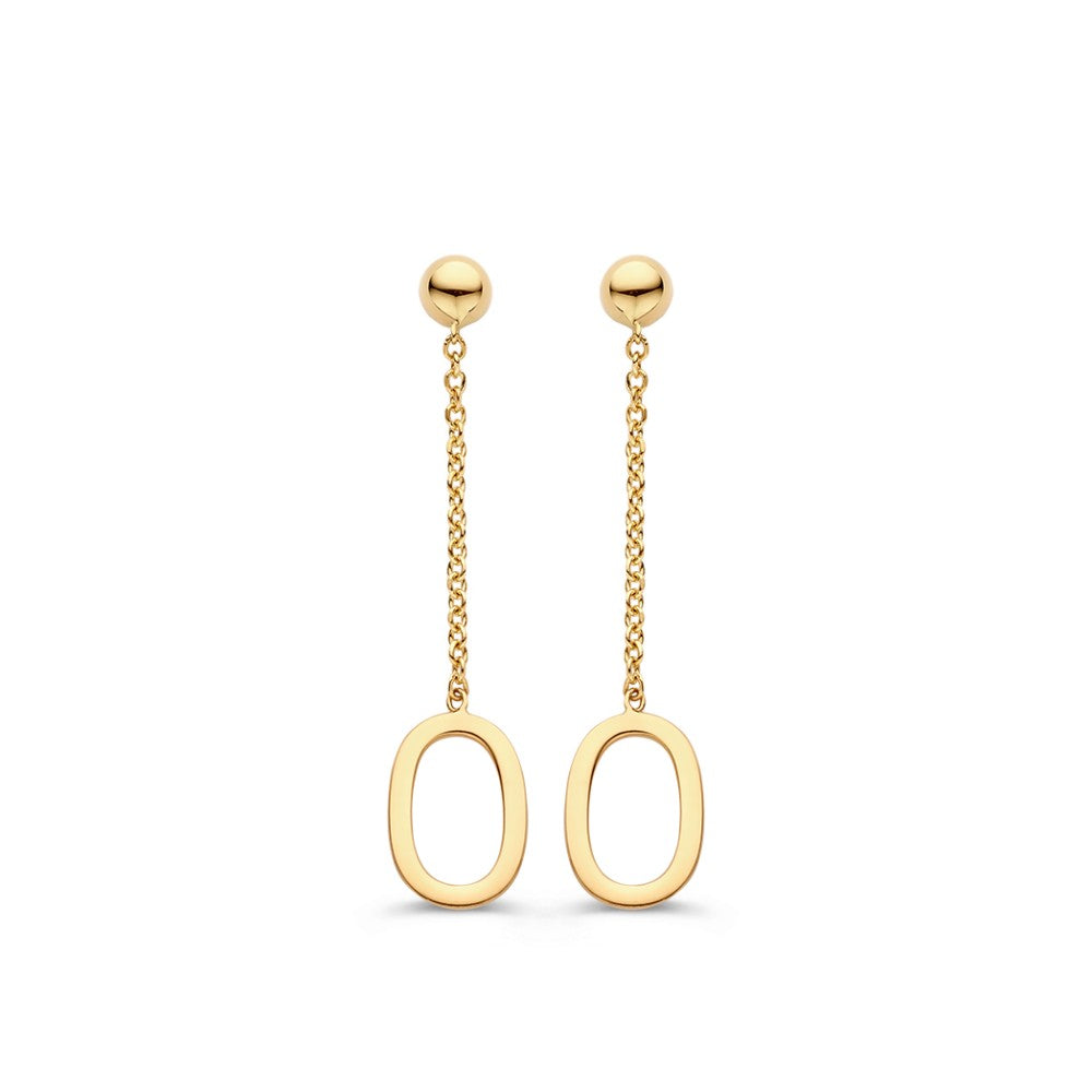 Boucles d'oreilles en or jaune 14 carats, avec une chaîne élégante et des formes ovales.