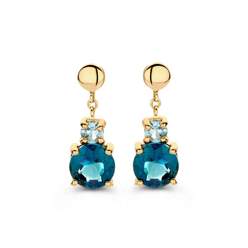 Boucles d'oreilles en or jaune avec des topazes bleues et londoniennes, ornées de pierres brillantes.