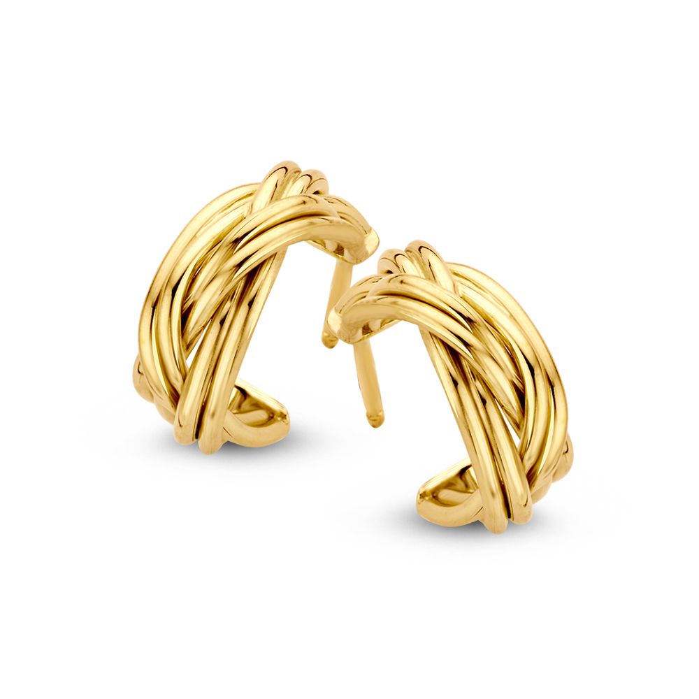 Boucles d'oreilles en or jaune 14K, de forme tressée, d'un diamètre de 15 mm.