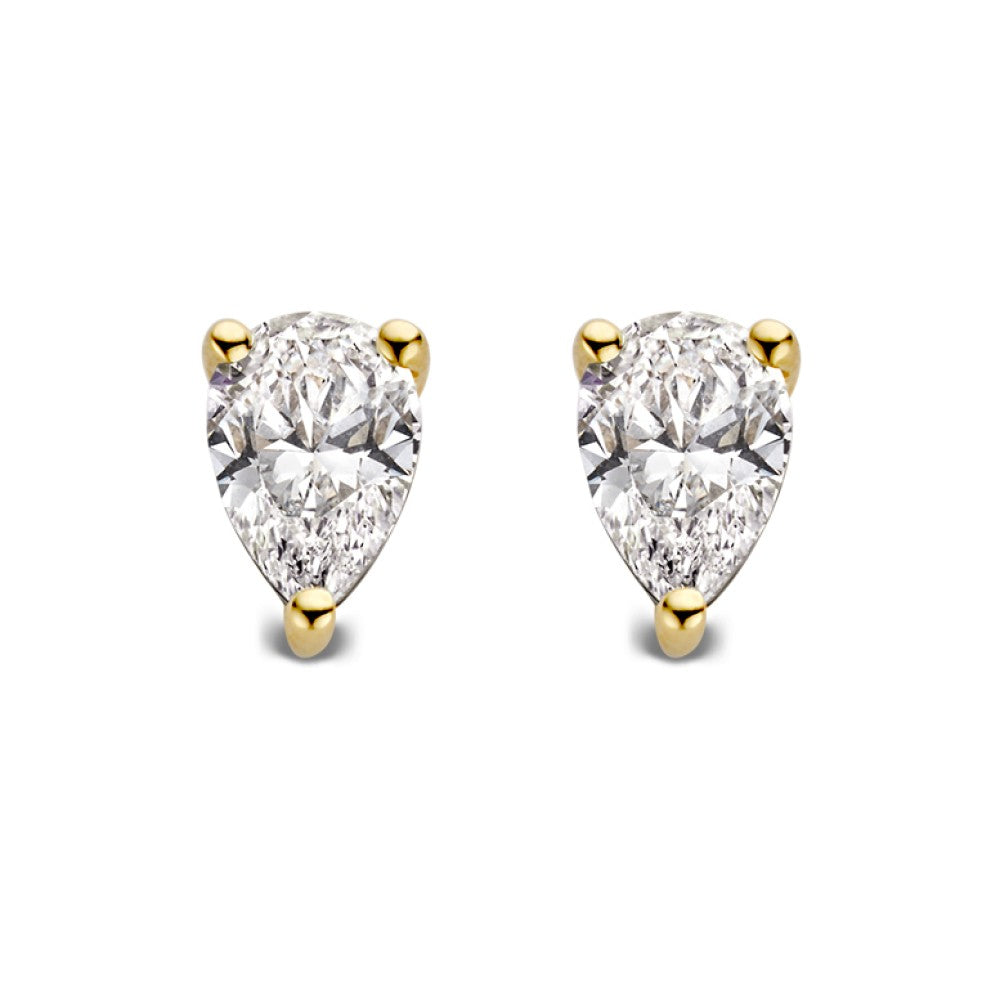 Boucles d'oreilles en or jaune avec des diamants en forme de poire.