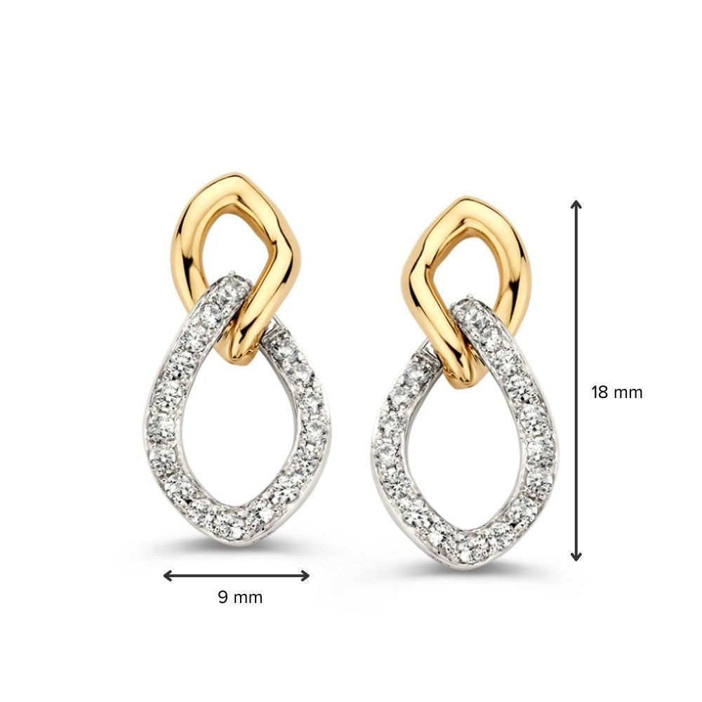 Boucles d'oreilles bicolores en or blanc et or jaune avec zircones
