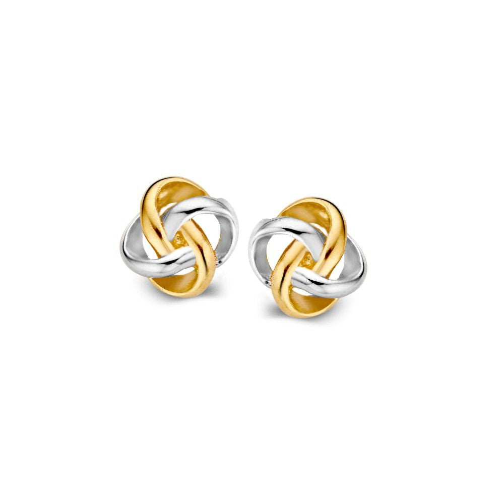 Boucles d'oreilles bicolores en or 14 carats, 6 mm, avec un design en entrelacement de jaune et blanc.