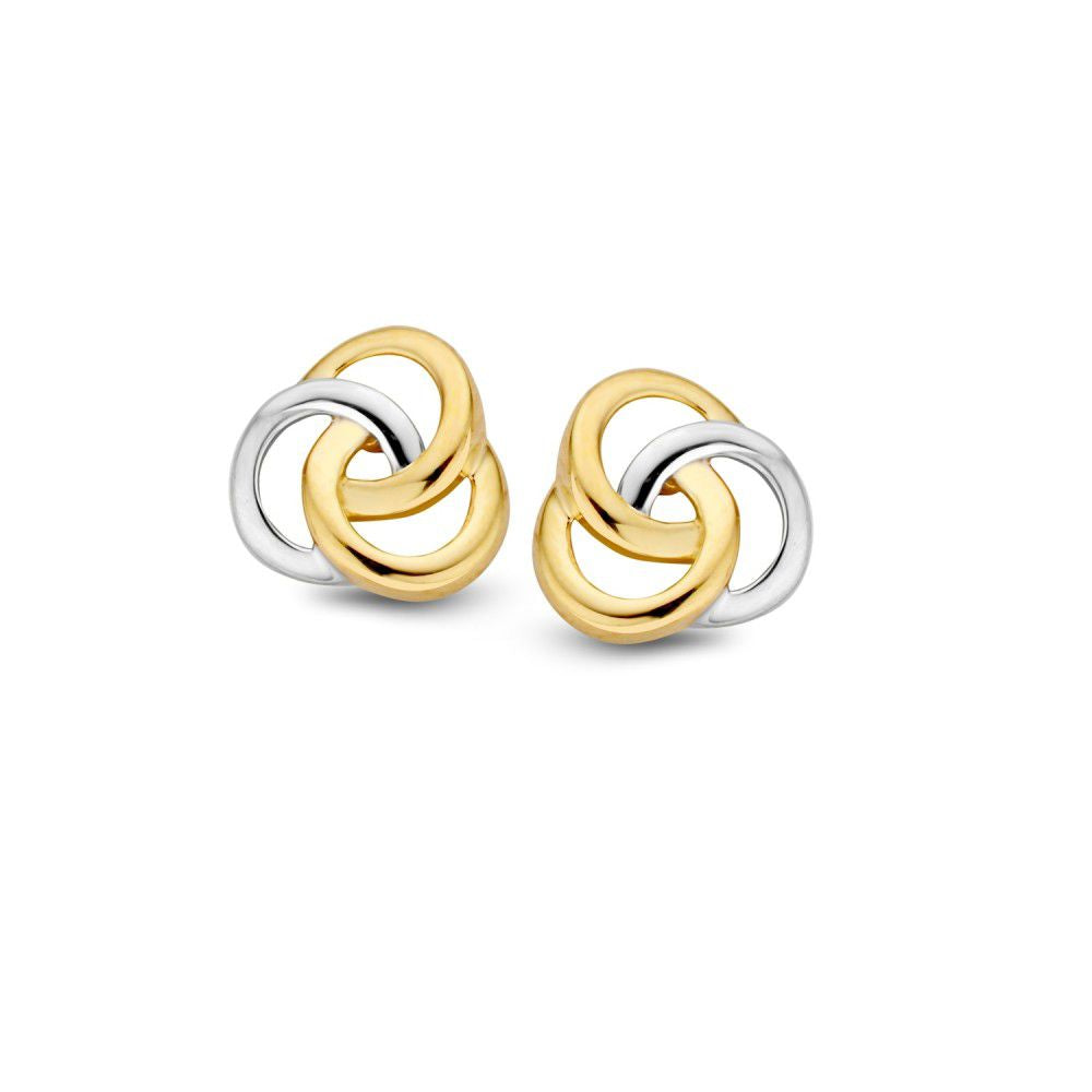 Boucles d'oreilles bicolores en or blanc et or jaune avec un design entrelacé.