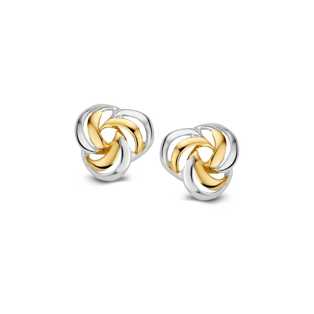 Boucles d'oreilles bicolores en or 14 carats, de 7,2 mm, avec un design subtil en spirale.
