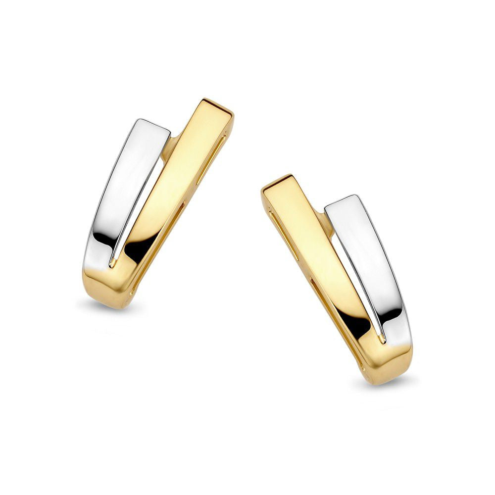 Boucles d'oreilles bicolores en or jaune et blanc de 14 carats, au design épuré.