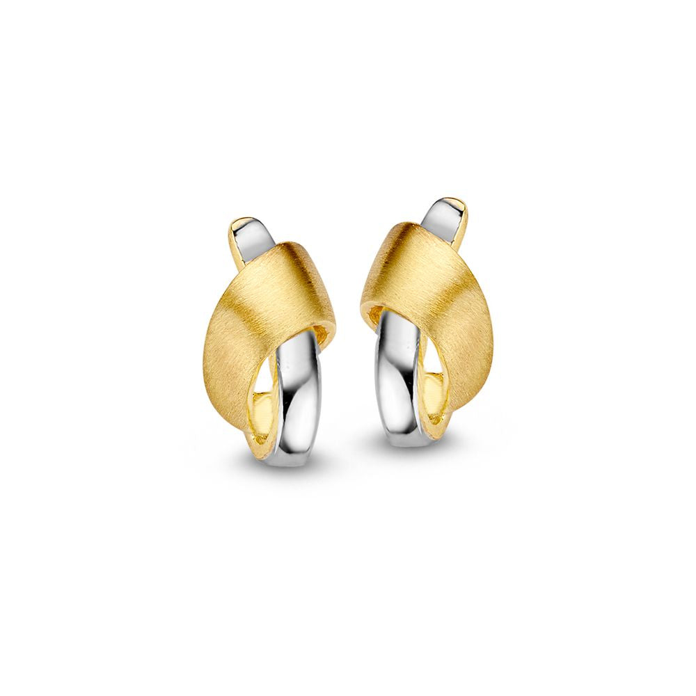 Boucles d'oreilles bicolores en or 14 carats, avec une finition mate et brillante, en or jaune et blanc.