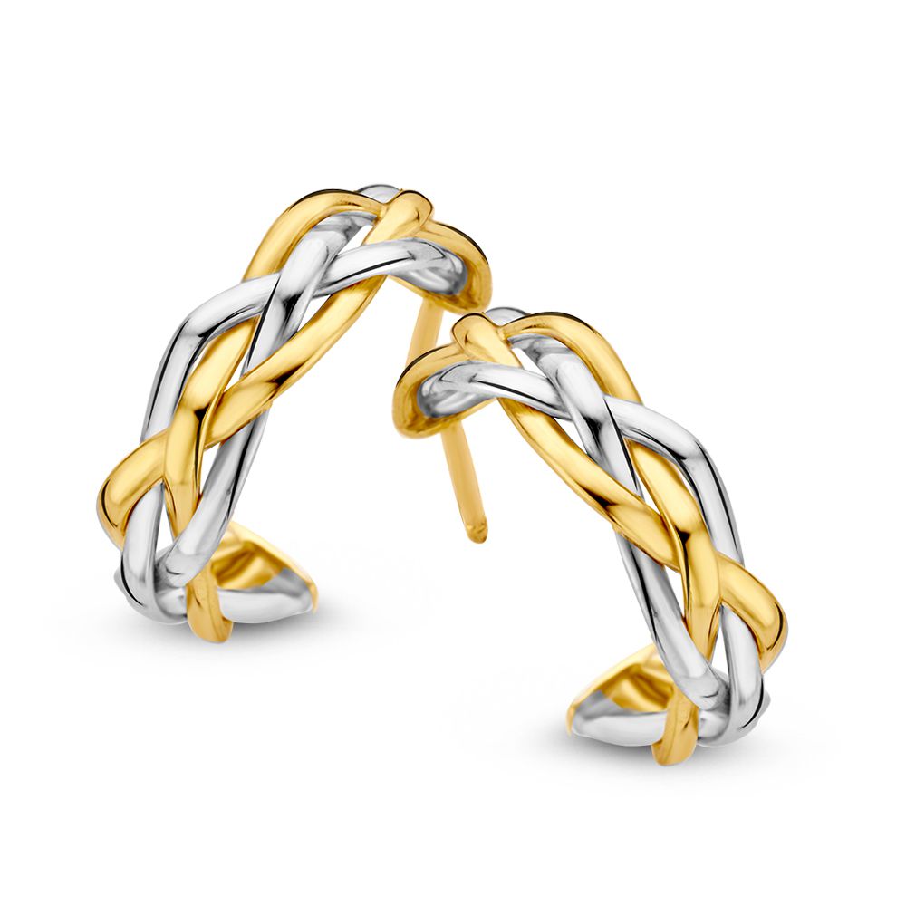 Boucles d'oreilles bicolores en or 14 carats, avec des bandes entrelacées en or jaune et blanc.
