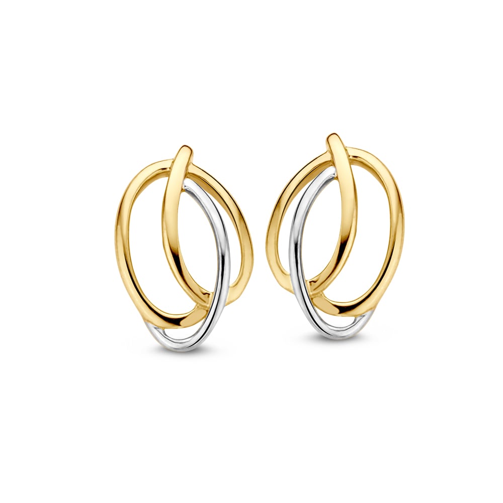 Boucles d'oreilles en or bicolore 14 carats, avec des anneaux entrelacés en or jaune et blanc.