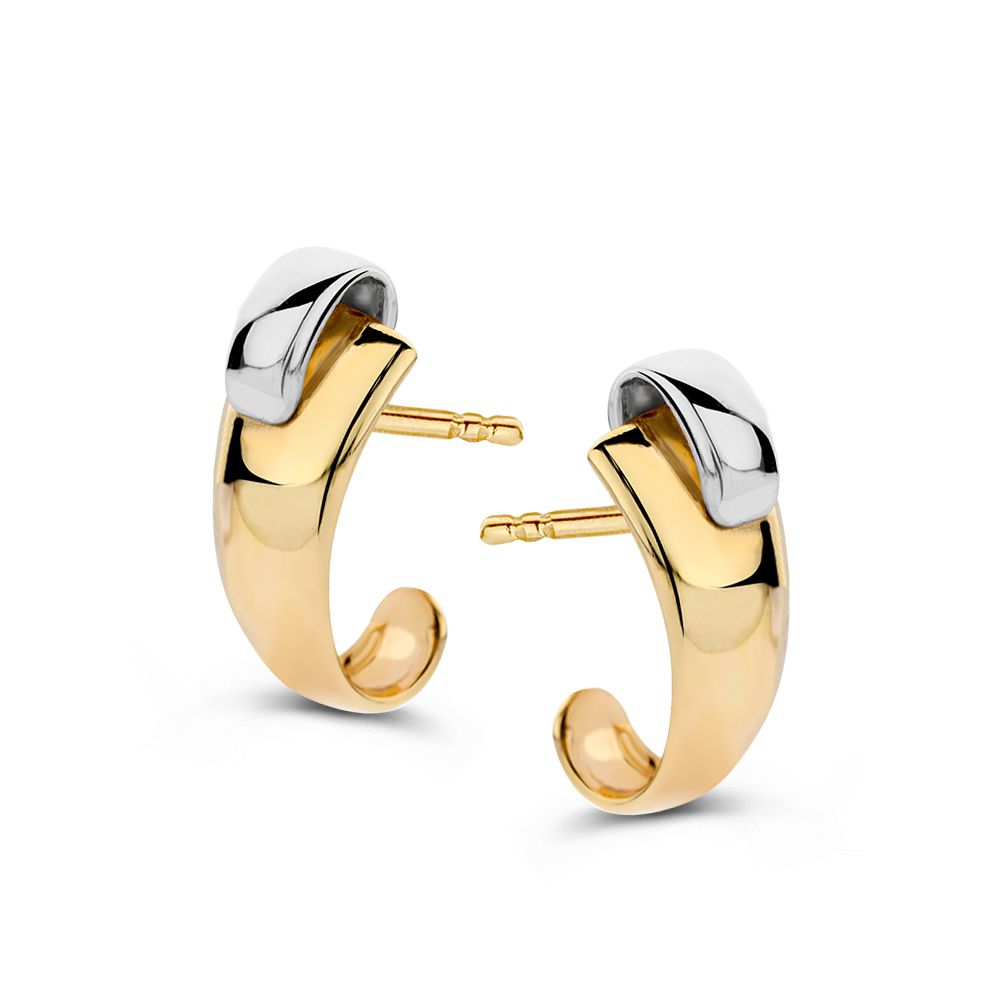 Boucles d'oreilles en or bicolore 14 carats, avec une finition brillante, en or jaune et blanc.