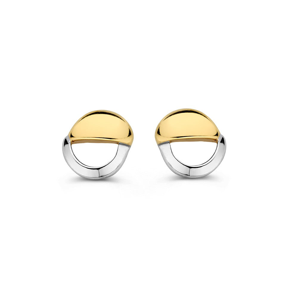 Boucles d'oreilles en or bicolore 14 carats, avec une partie jaune et une partie blanche, forme arrondie.