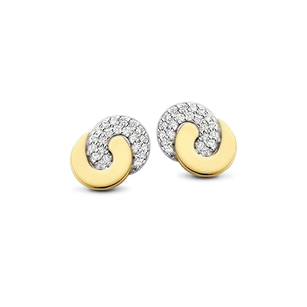 Boucles d'oreilles en or bicolore 14 carats, avec des détails en diamant et une forme ondulée.