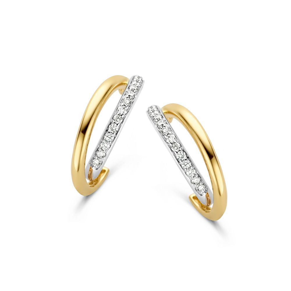 Boucles d'oreilles en or bicolore avec diamants, featuring une barre brillante en or blanc et une finition en or jaune.