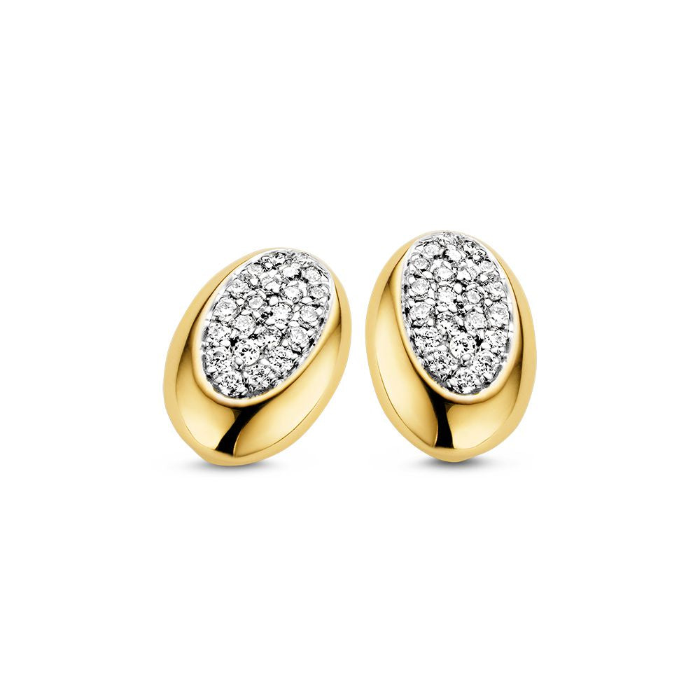 Boucles d'oreilles en or bicolore avec des brillants, forme ovale et sertissage de diamants.