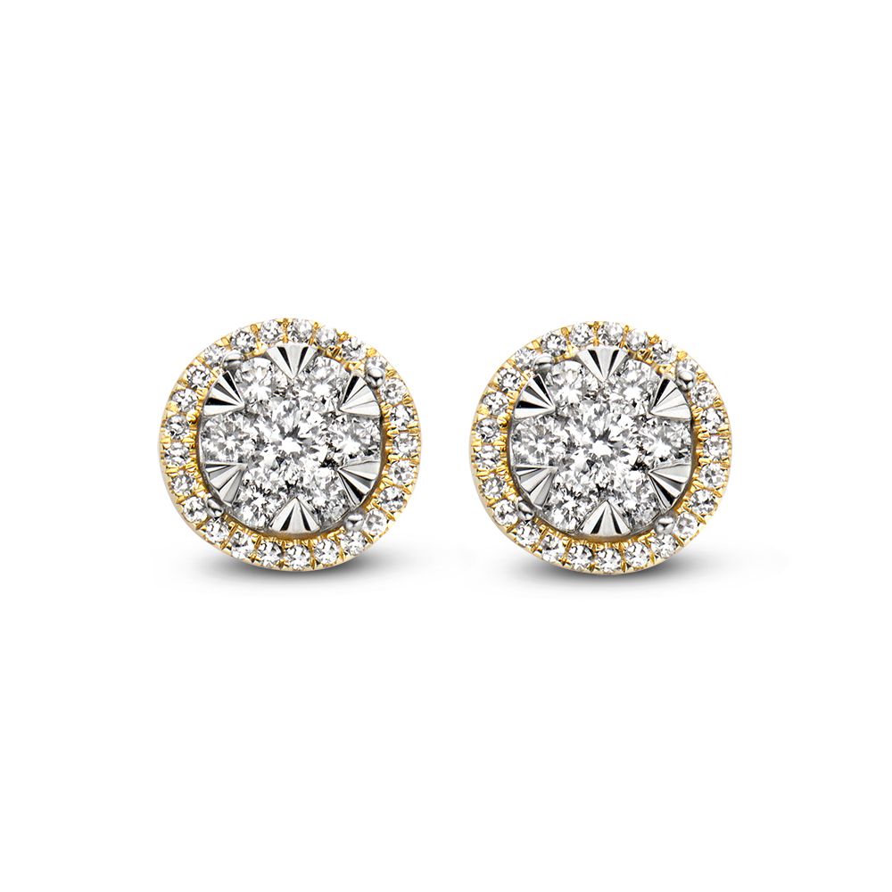 Boucles d'oreilles bicolores en or avec diamants de 0,44 ct en sertissage entourage.