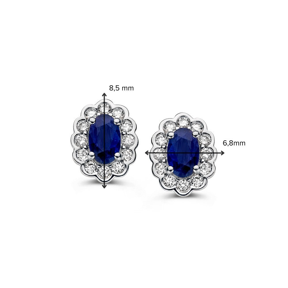 Puces d'oreilles en or jaune avec saphir ovale et diamant 0,60ct en sertissage entourage