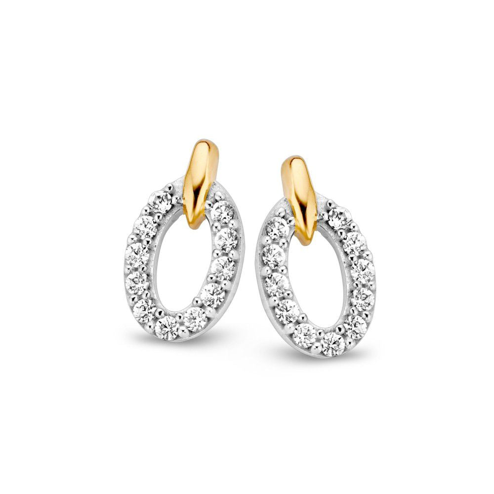 Boucles d'oreilles en or jaune et blanc avec zirconia, forme ovale, 11,5 mm.