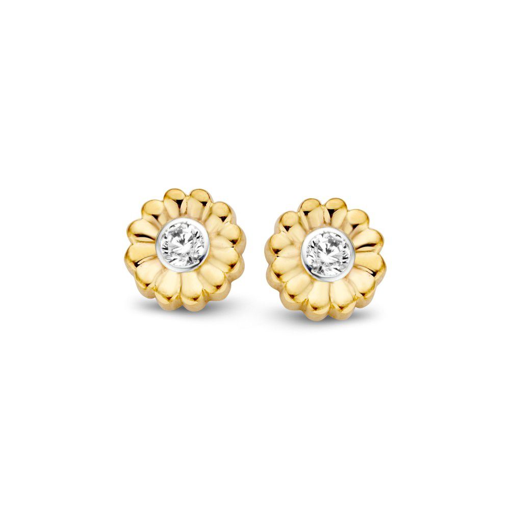 Boucles d'oreilles en or jaune 14 carats avec un zirconia de 6 mm, en forme de fleur.