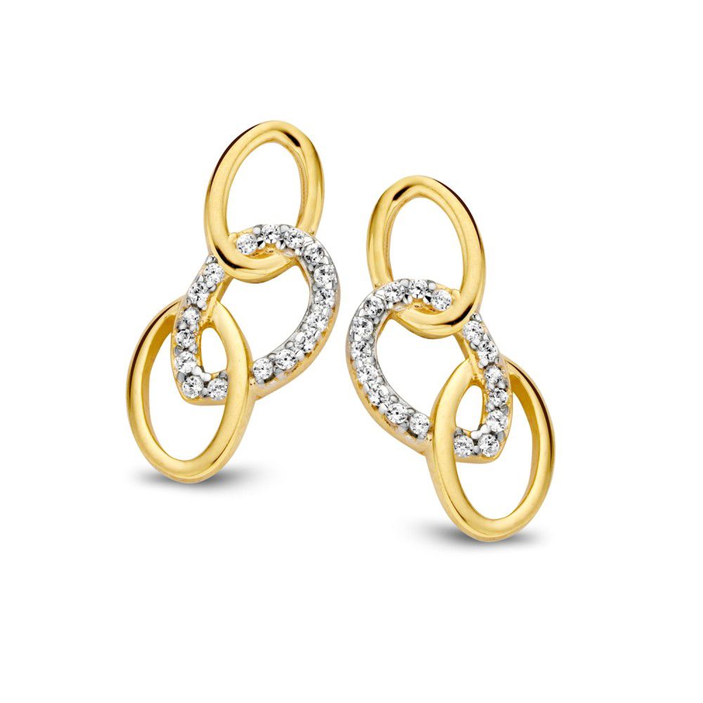 Boucles d'oreilles bicolores en or blanc et jaune avec des zircons, 16 mm.