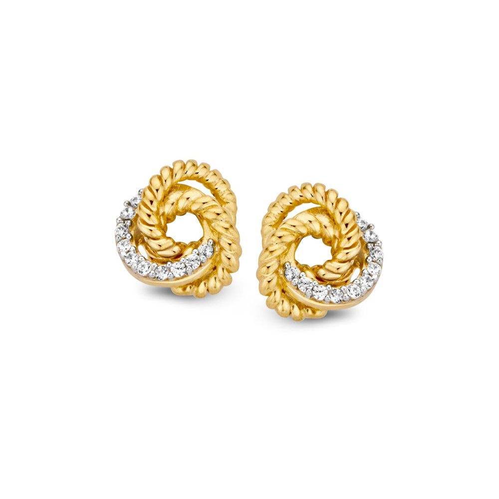 Boucles d'oreilles en or jaune 14 carats avec zirconia, design torsadé et brillant.