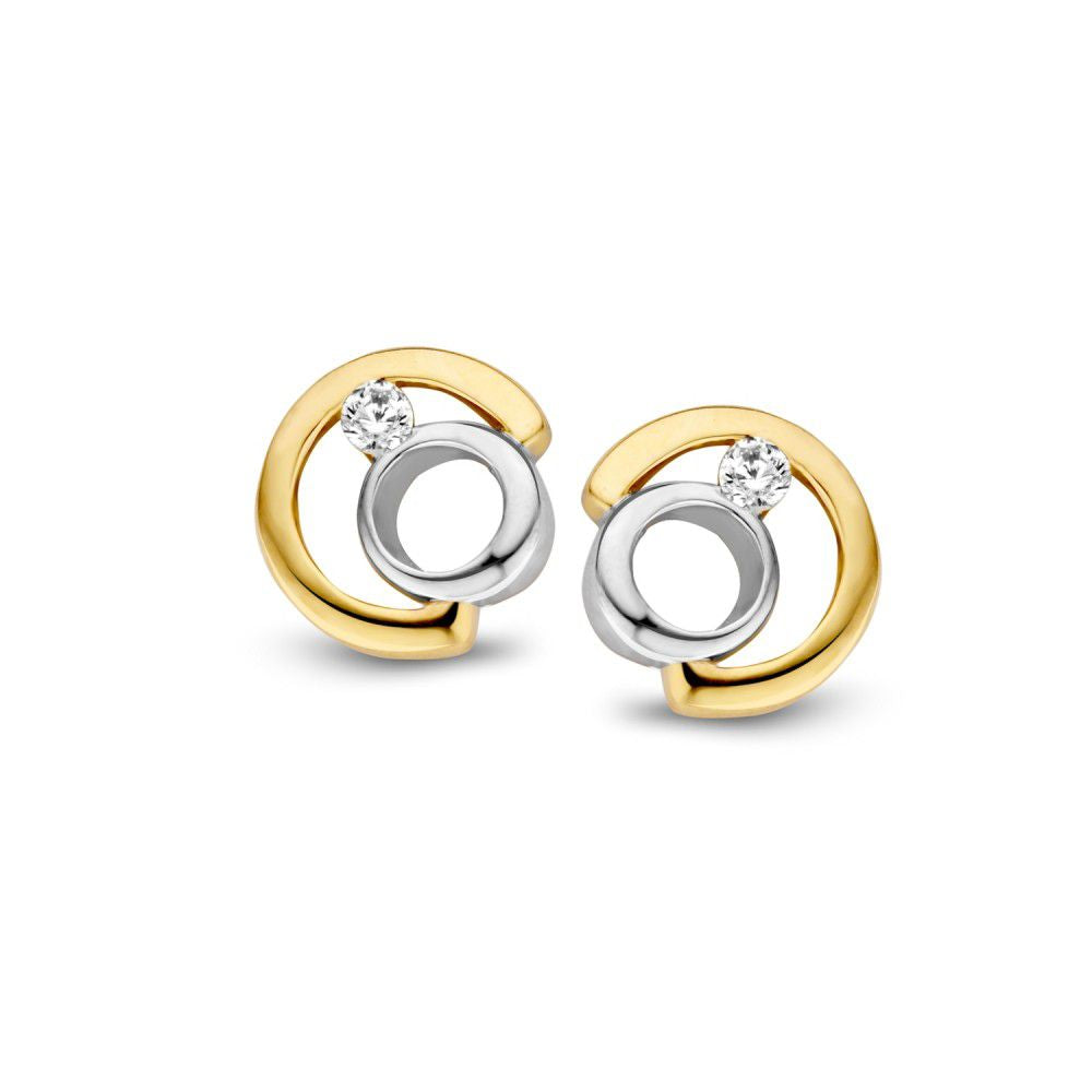 Boucles d'oreilles bicolores en or jaune et blanc avec zirconia, de 9,5 mm.