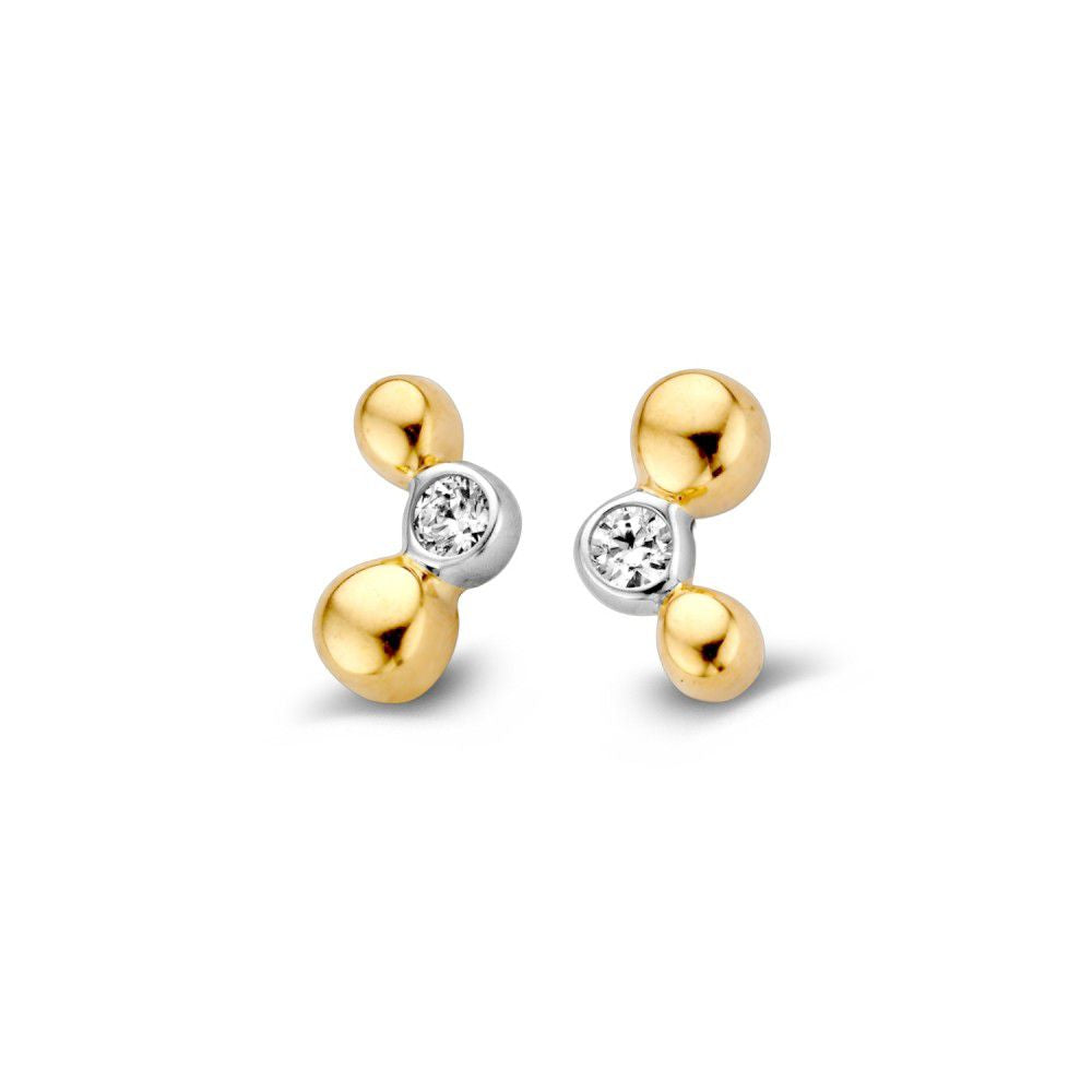 Boucles d'oreilles bicolores en or jaune et blanc avec zirconia blanc de 4,5 mm.