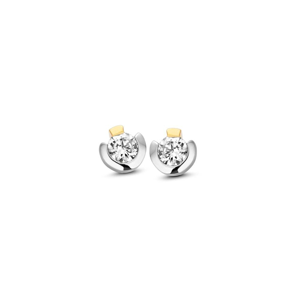 Boucles d'oreilles bicolores en or blanc et jaune avec zirconia, en or 14 carats.