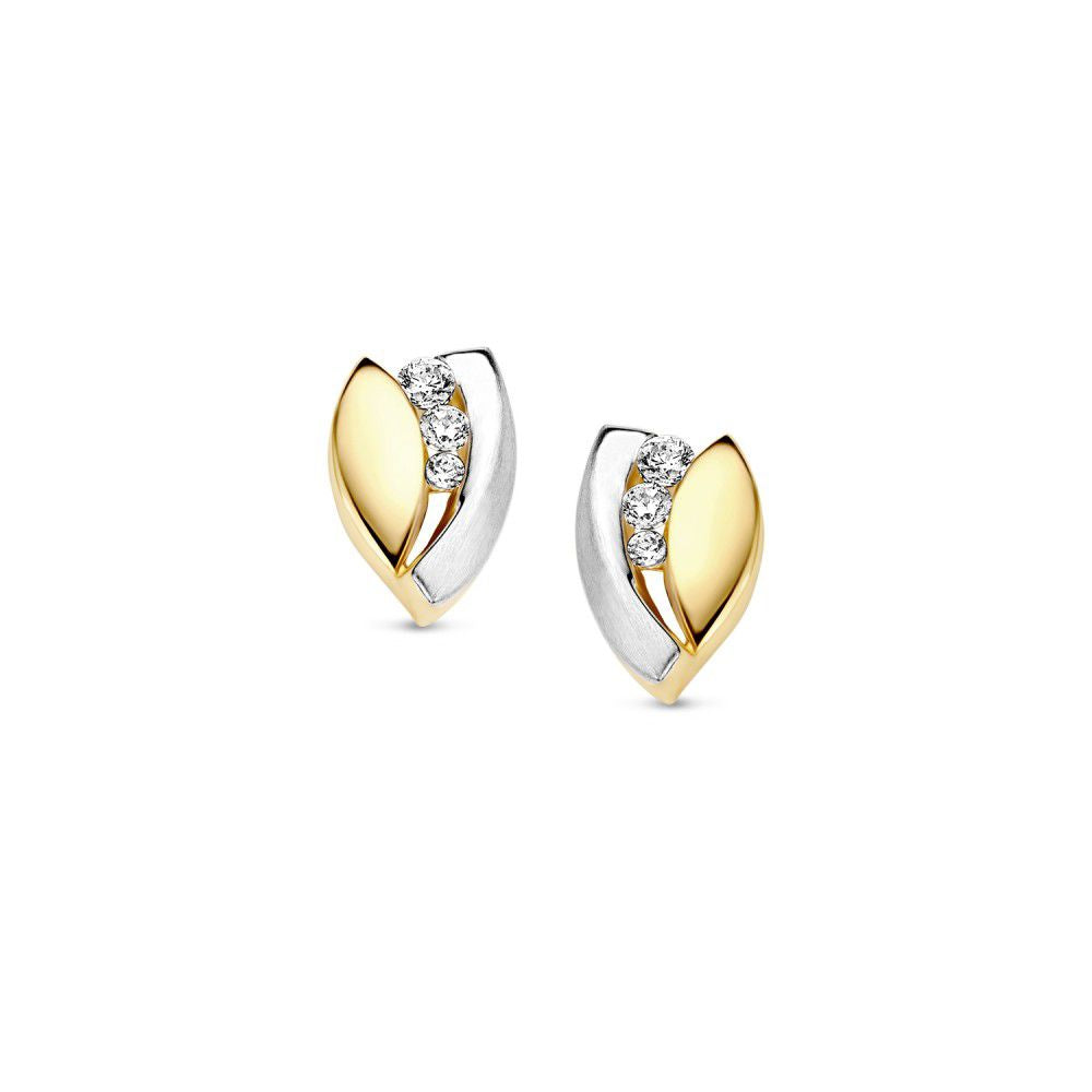 Boucles d'oreilles en or jaune et blanc avec des zircons blancs, en forme de feuille.