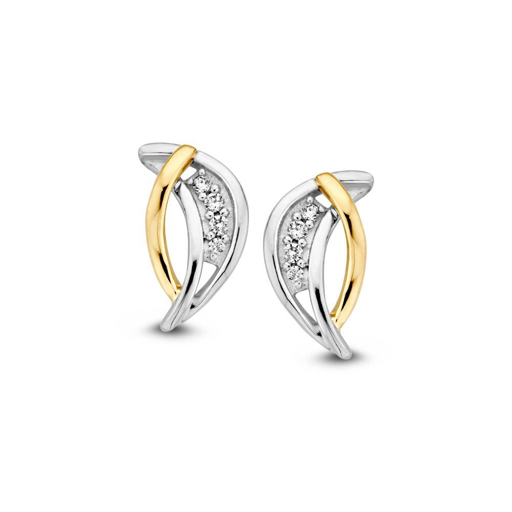 Boucles d'oreilles bicolores en or 14 carats avec zirconium blanc, studs élégants de 12 mm.