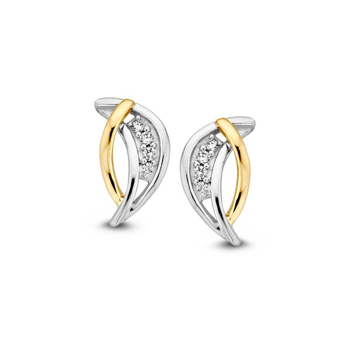Bicolor 14k Gold Earrings with White Zirconia – Elegant 12mm Studs for Women