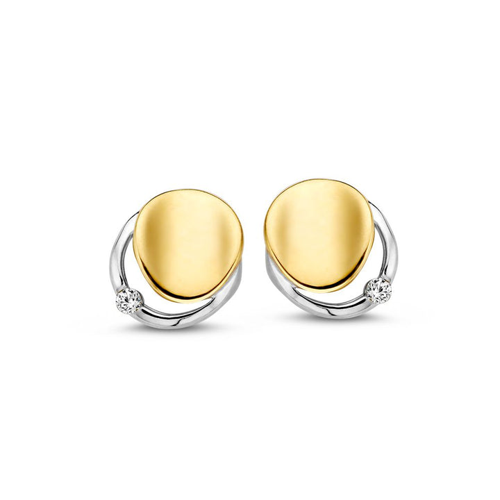 Bicolor 14k Gold Stud Earrings with White Zirconia – Elegant 8mm Design