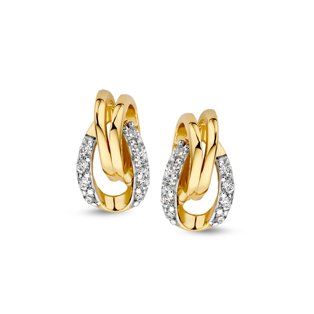 Boucles d'oreilles bicolores en or avec des zirkonia, en forme de maillons entrelacés.