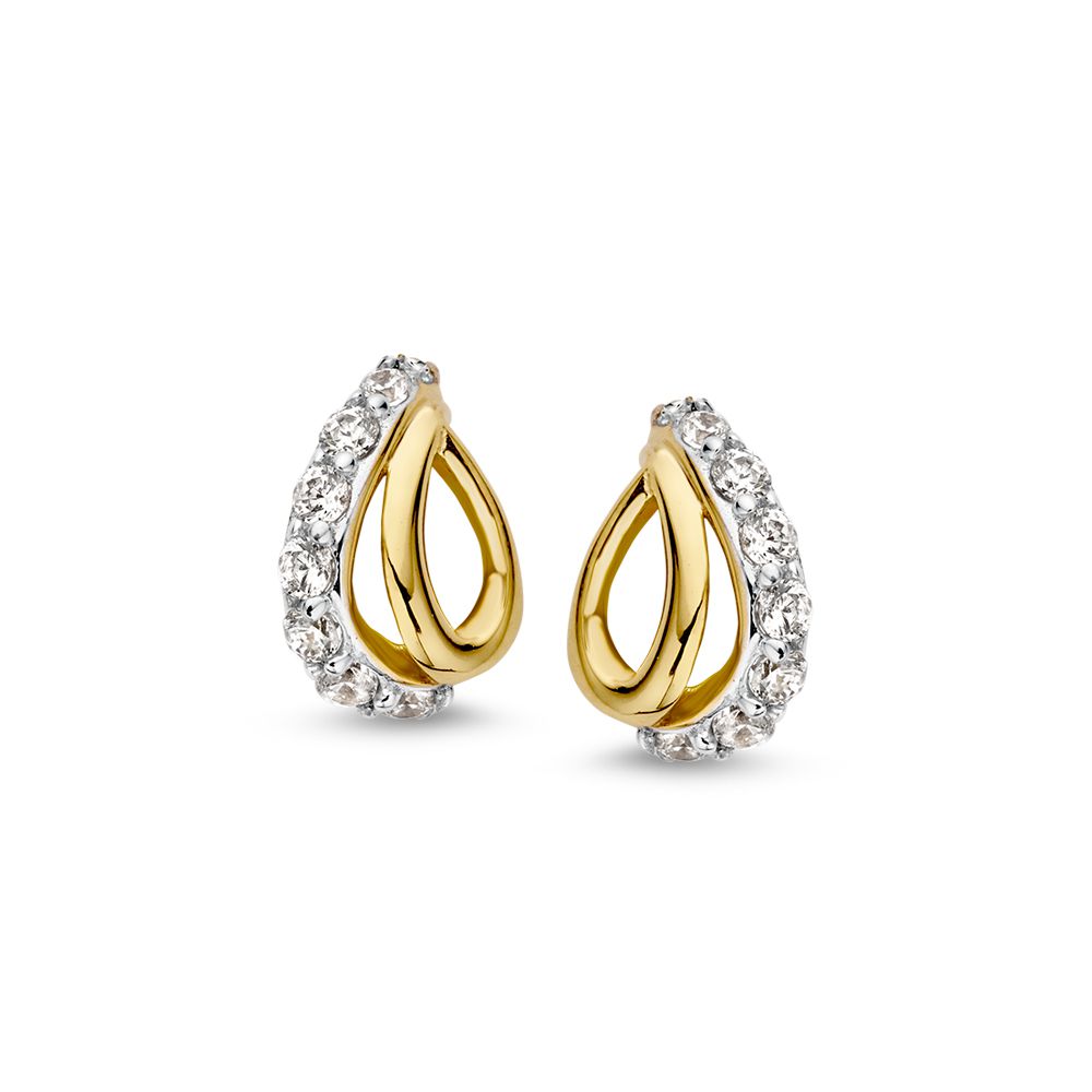 Boucles d'oreilles bicolores en or blanc et jaune avec des zirconias, forme goutte.