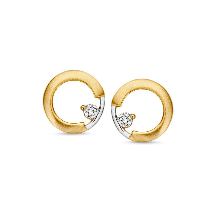 Bicolor Wit- en Geelgouden Oorknoppen met Zirkonia | Elegante Oorstekers van 14 Karaat Goud