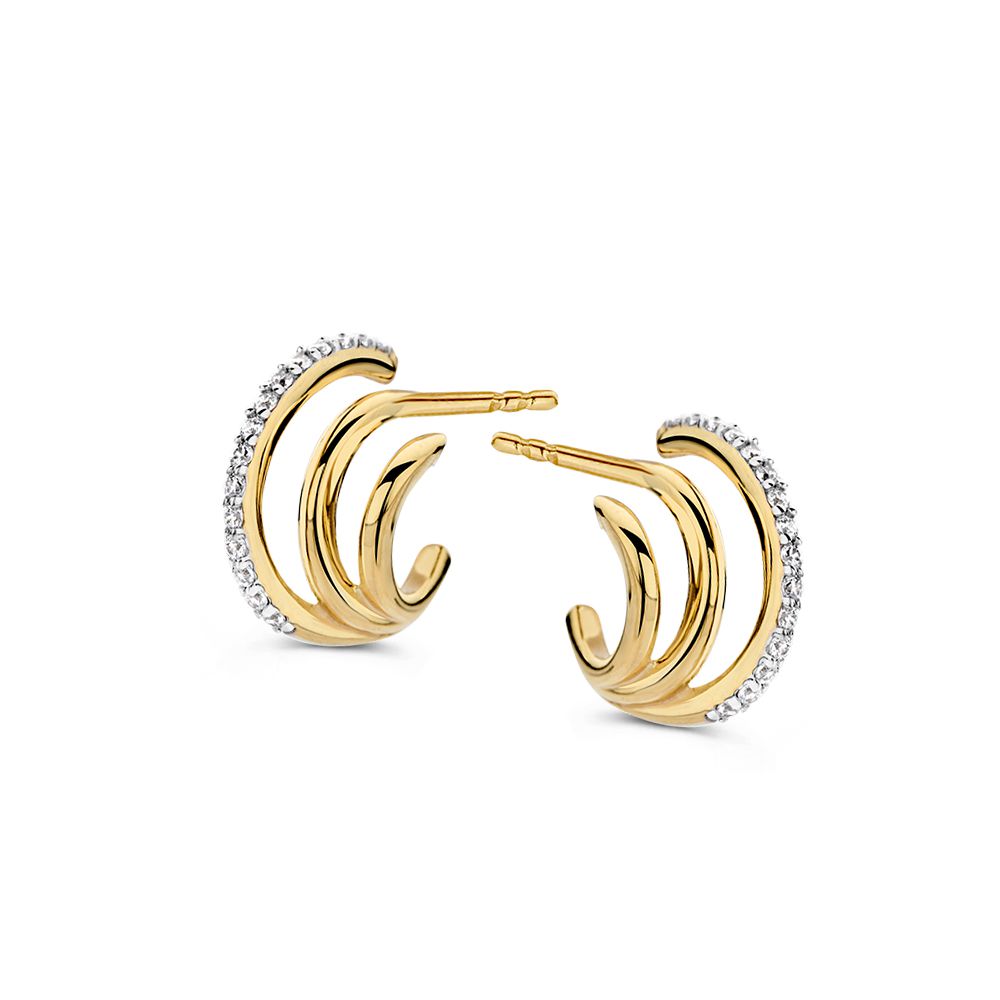 Boucles d'oreilles en or jaune 14K, de forme ondulée, ornées de zircones, mesurant 8 mm.