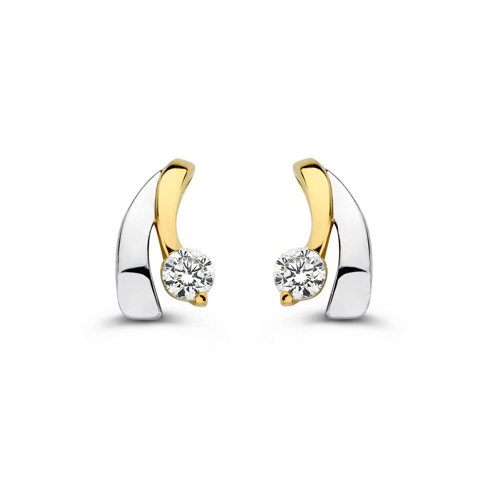 Boucles d'oreilles bicolores en or blanc et jaune avec zirconia, 14 carats.