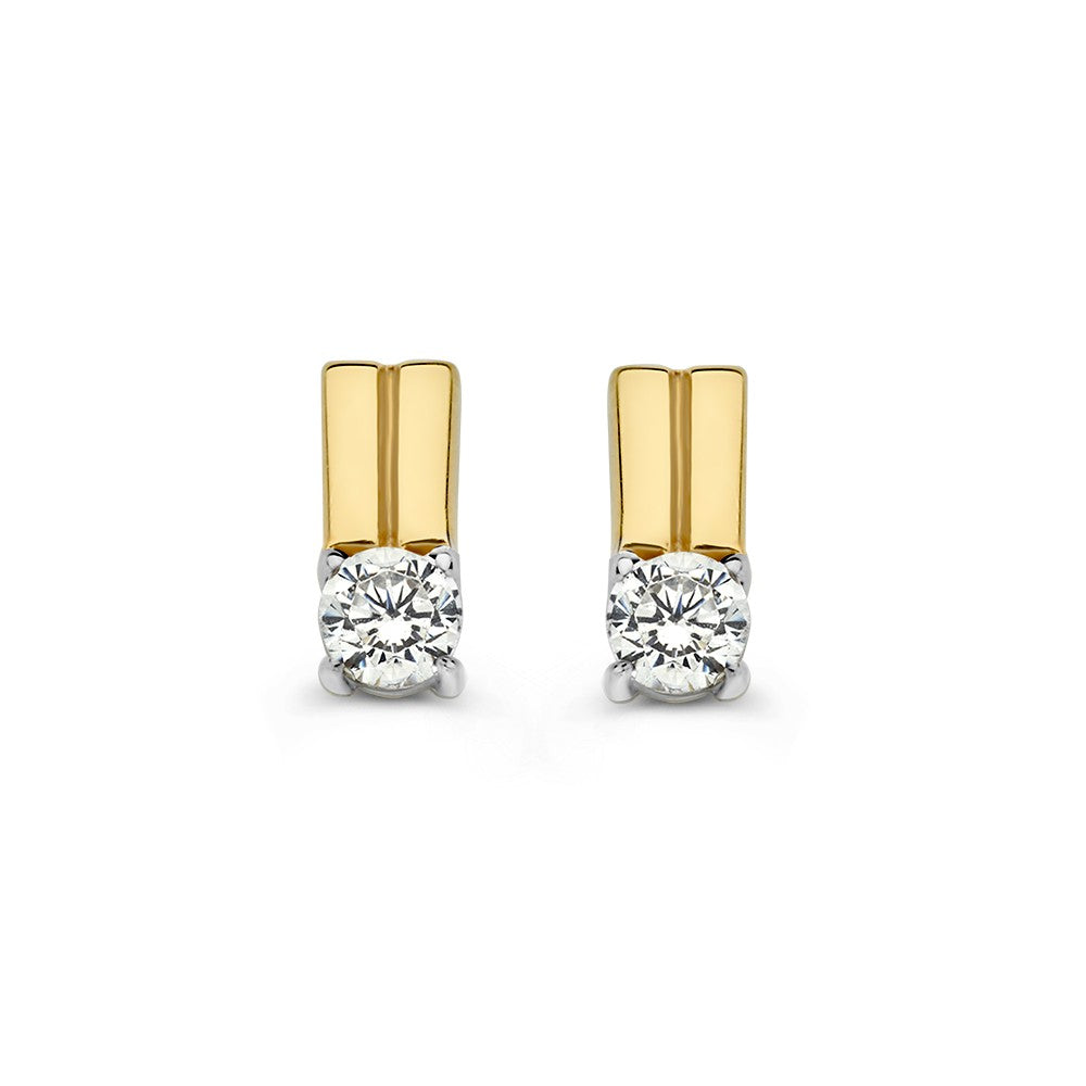 Boucles d'oreilles bicolores en or blanc et or jaune avec zirconia, design épuré, 14 carats.