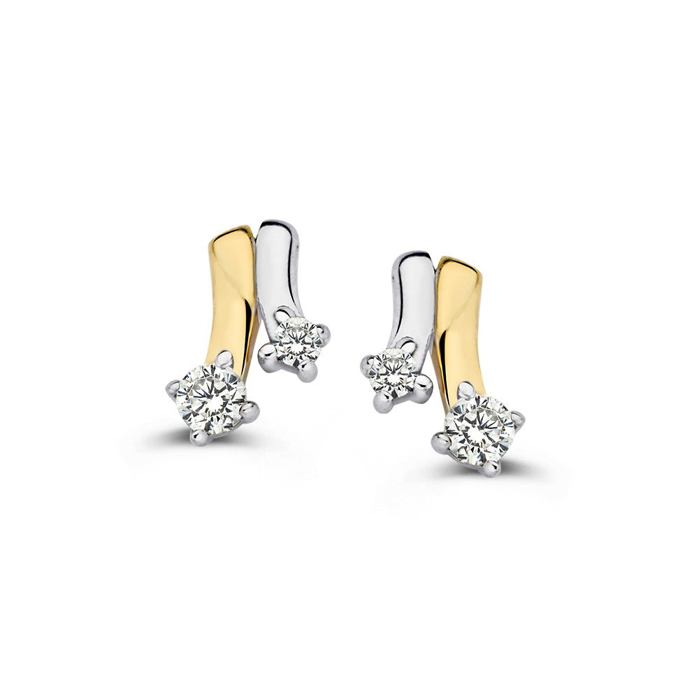 Boucles d'oreilles bicolores en or blanc et jaune avec zirconia, 8,5 mm.