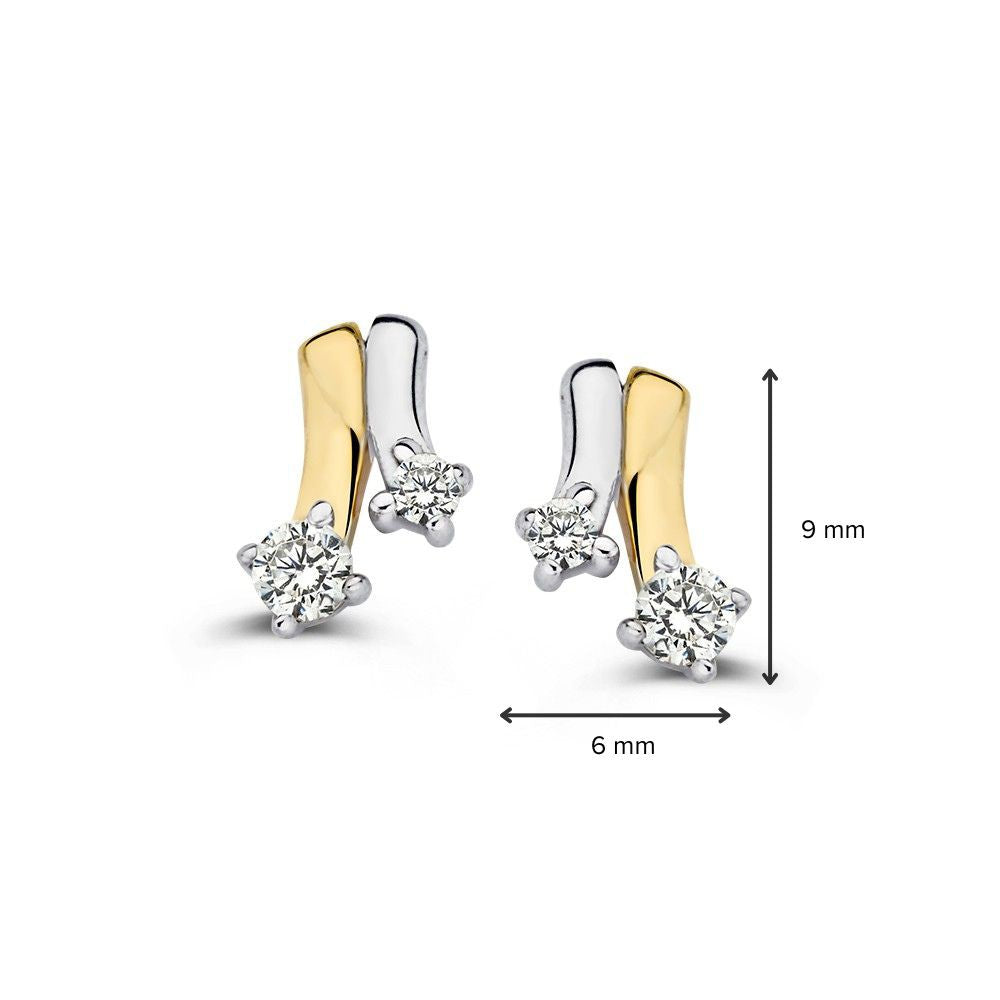 Boucles d'oreilles bicolores en or blanc et or jaune avec zircone - 14K, 8.5mm