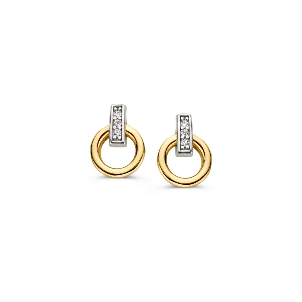 Boucles d'oreilles bicolores en or blanc et or jaune avec zirconia, 10 mm de diamètre.
