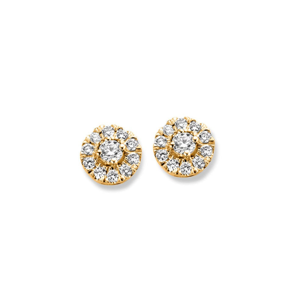 Boucles d'oreilles en or jaune avec des diamants brillants disposés en forme de fleur.
