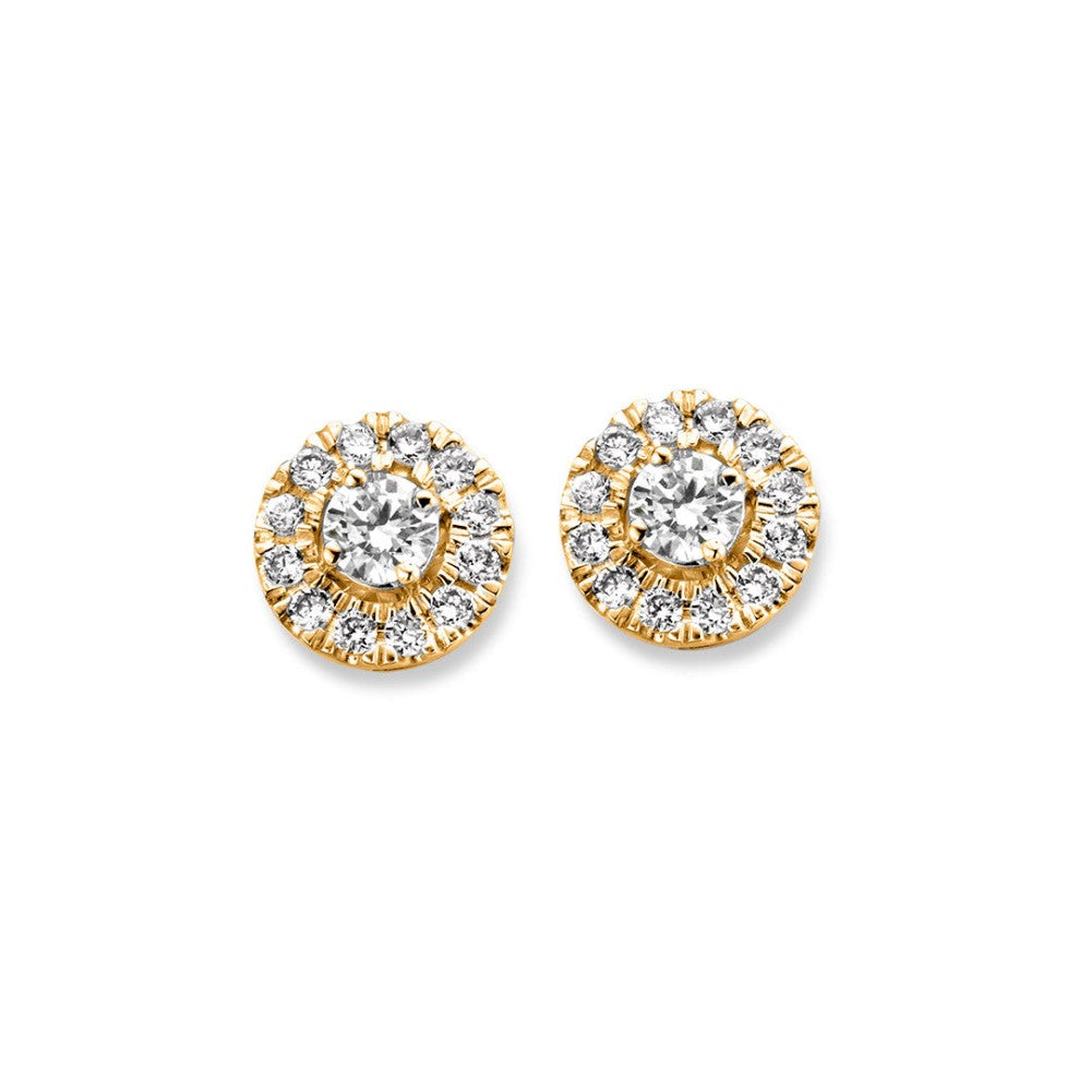 Boucles d'oreilles en or jaune avec des diamants brillants, forme ronde.