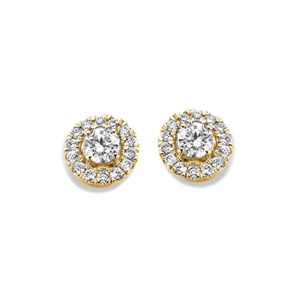 Boucles d'oreilles en or jaune avec un centre en diamant et un entourage de petits diamants.