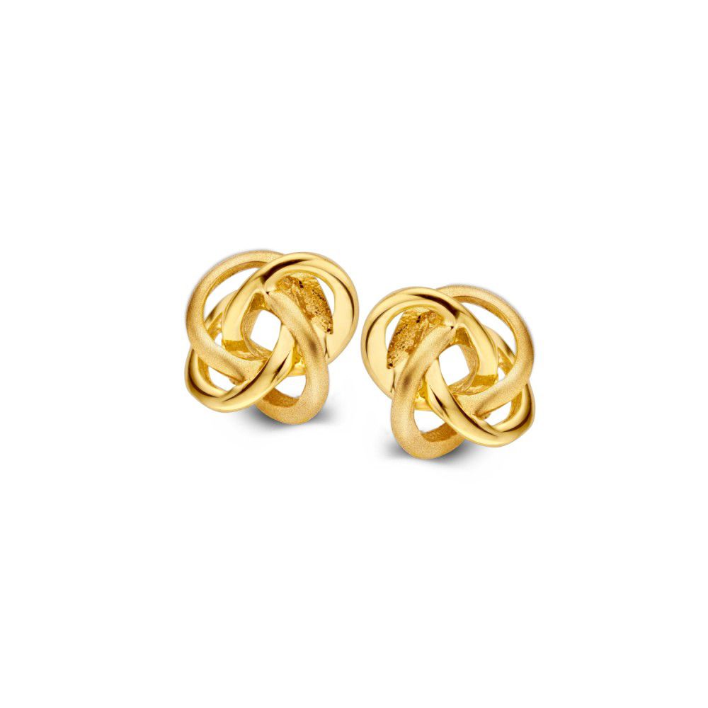 De Geelgouden Oorstekers Poli/Mat 14K - 8mm van Excellent Jewelry zijn elegante, tijdloze oorstekers van 14 karaat goud met een verfijnd ontwerp, gepresenteerd op een witte achtergrond.