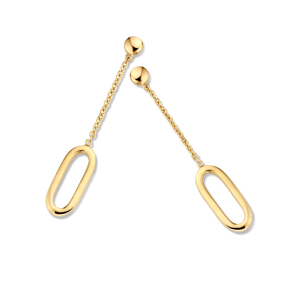 Boucles d'oreilles en or jaune 14K avec longues chaînes de 40 mm et pendants ovales.