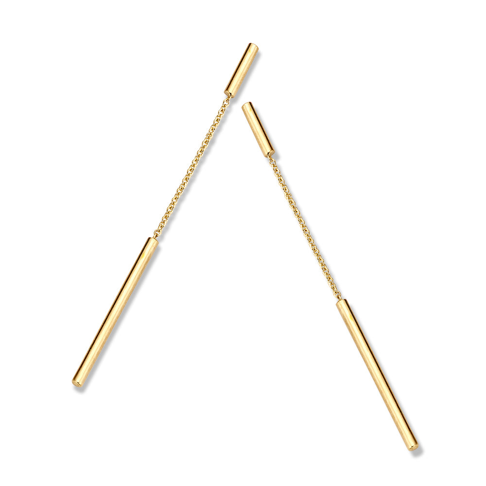 Boucles d'oreilles en or jaune 14K avec des tiges suspendues de 70 mm.