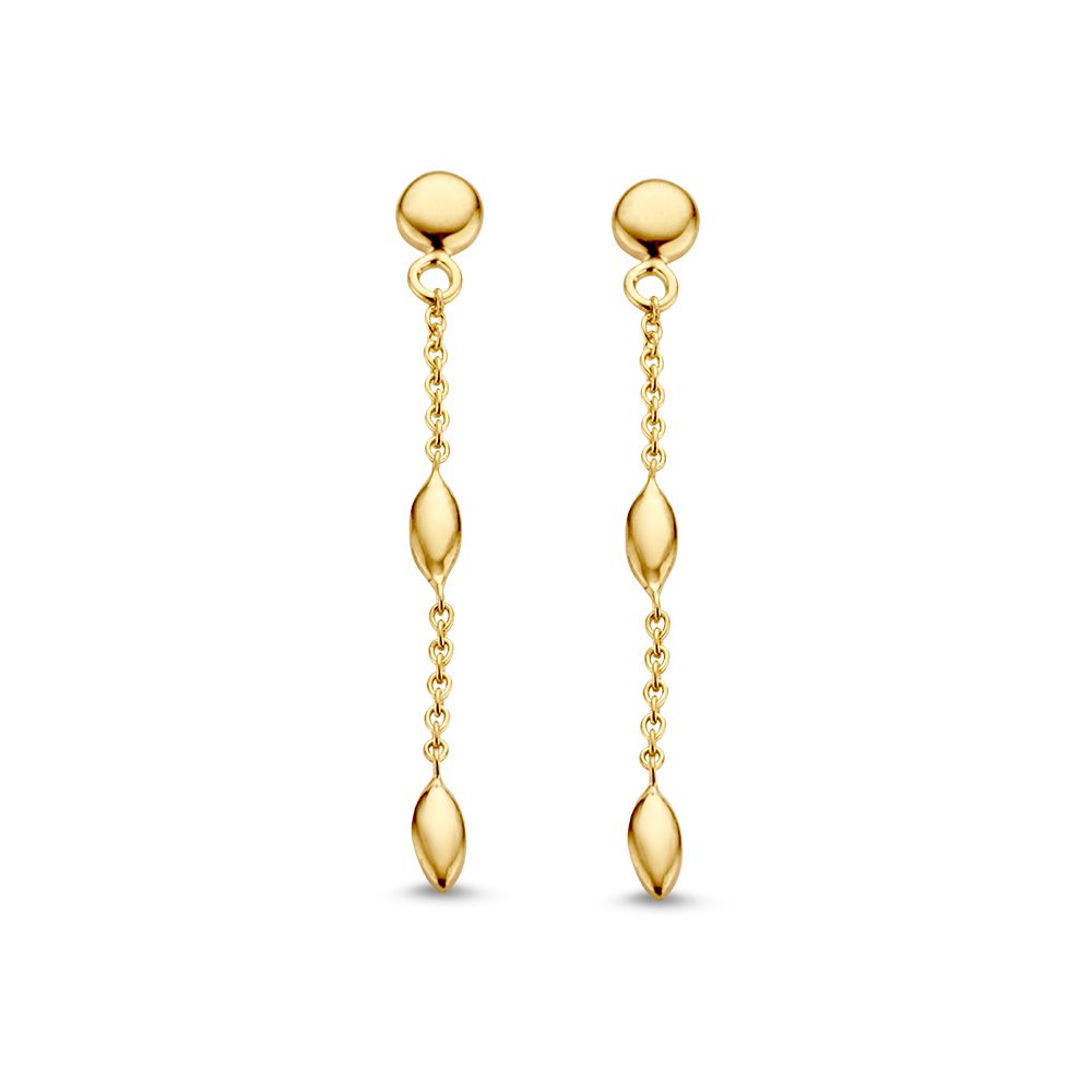 Boucles d'oreilles en or jaune de 14 carats, longues de 34 mm, avec des formes allongées et des détails en perles.